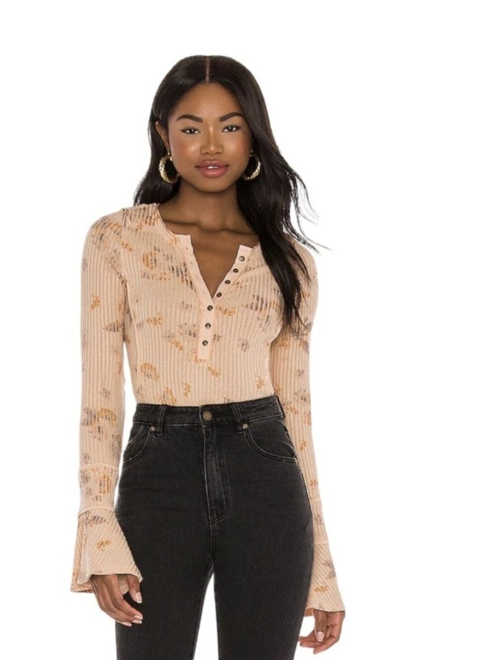 Free People "Layer Me" Floral Peach Henley Floral Ribbed Top Bell Sleeve Size M